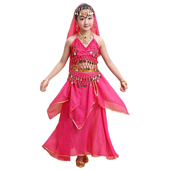 Wxolcjlv Girls Ethnic Outfits Kids Belly Dance Sequins Camisole Skirts 4Pc Set, Sizes 2-13