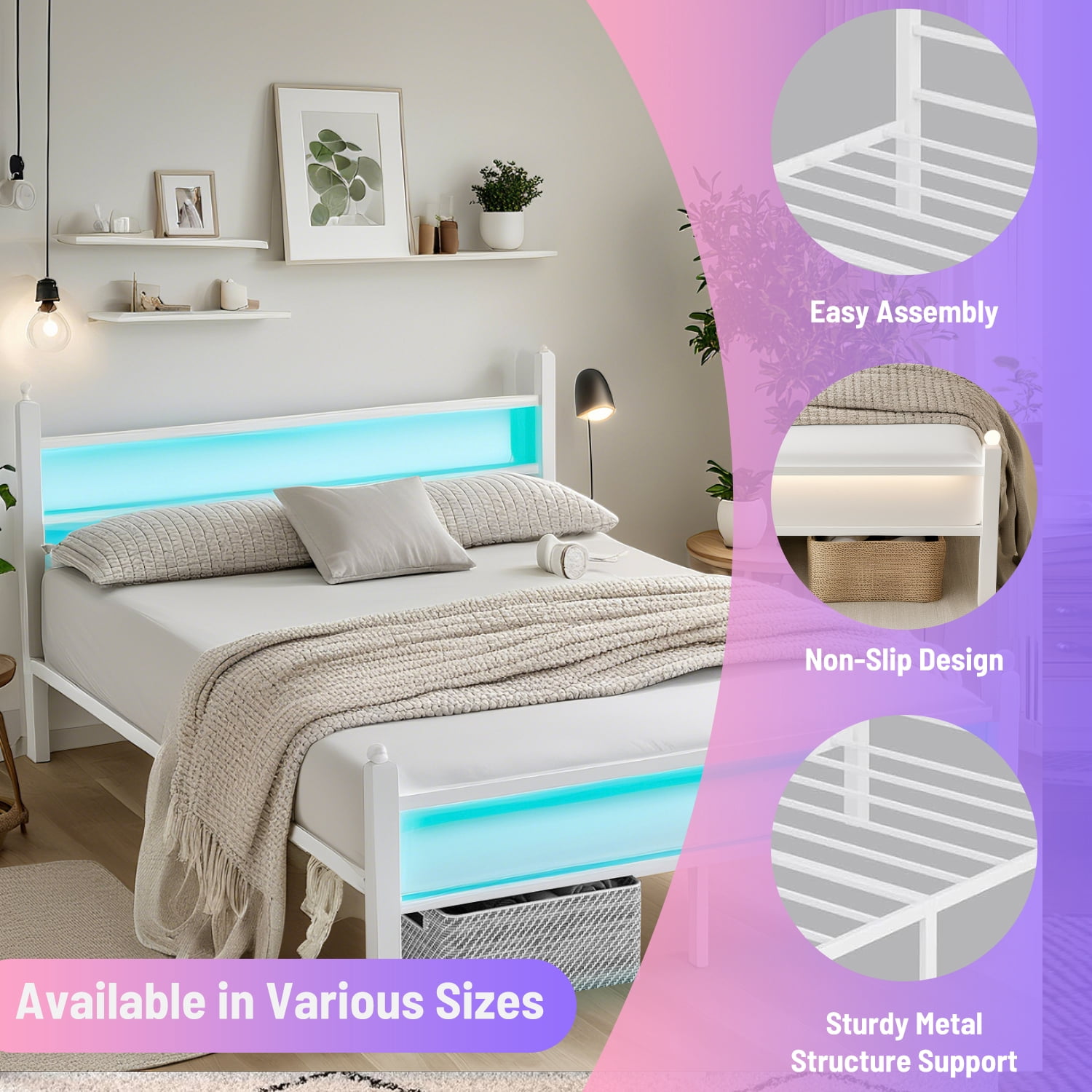 Chuangshuo Guard Queen Size Bed Frame with LED Storage Headboard Shelf , Metal Platform Bed, Noise-Free, White
