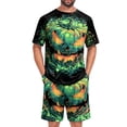 thumbnail image 3 of Hsovts Men Pajamas Outfits Halloween Cartoon Pumpkin Ghost Printed Short Sleeve Turndown Crew Neck Shirt Shorts Set Man Leisure Casual Daily Party Photoshoot Pyjamas Pjs Outfits Green S, 3 of 8
