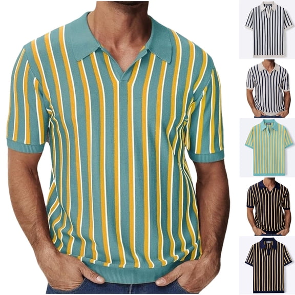 SGFCWSX Golf Polo Shirts for Men Knit Relaxed Fit Short Sleeve Striped V-Neck Casual Business Top Blue Size XL