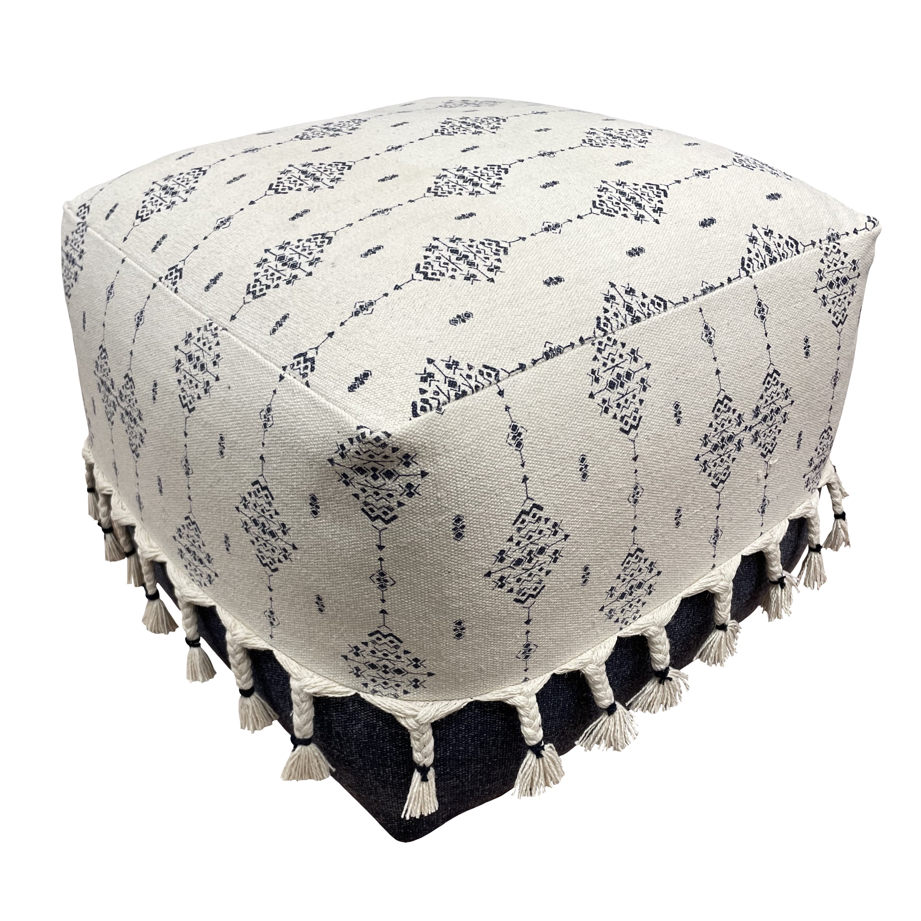 LR Home Small Tassels Tribal Indoor Square Pouf, Navy/Ivory, 18" x 18" x 14"