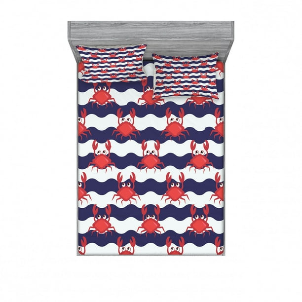 Crabs Bedding Set with Sheet & Covers, Nautical Maritime Theme Crabs on Striped Background