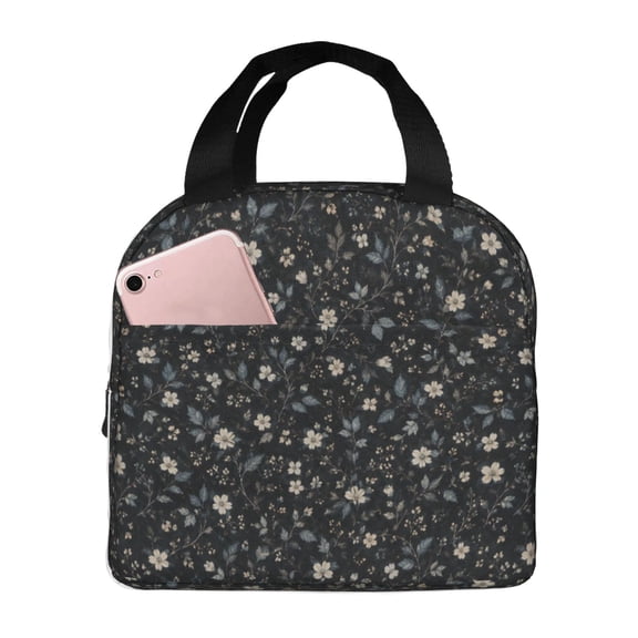 Dark Floral Lunch Bag Reusable Thermal Lunch Box with Handle for Women and Men