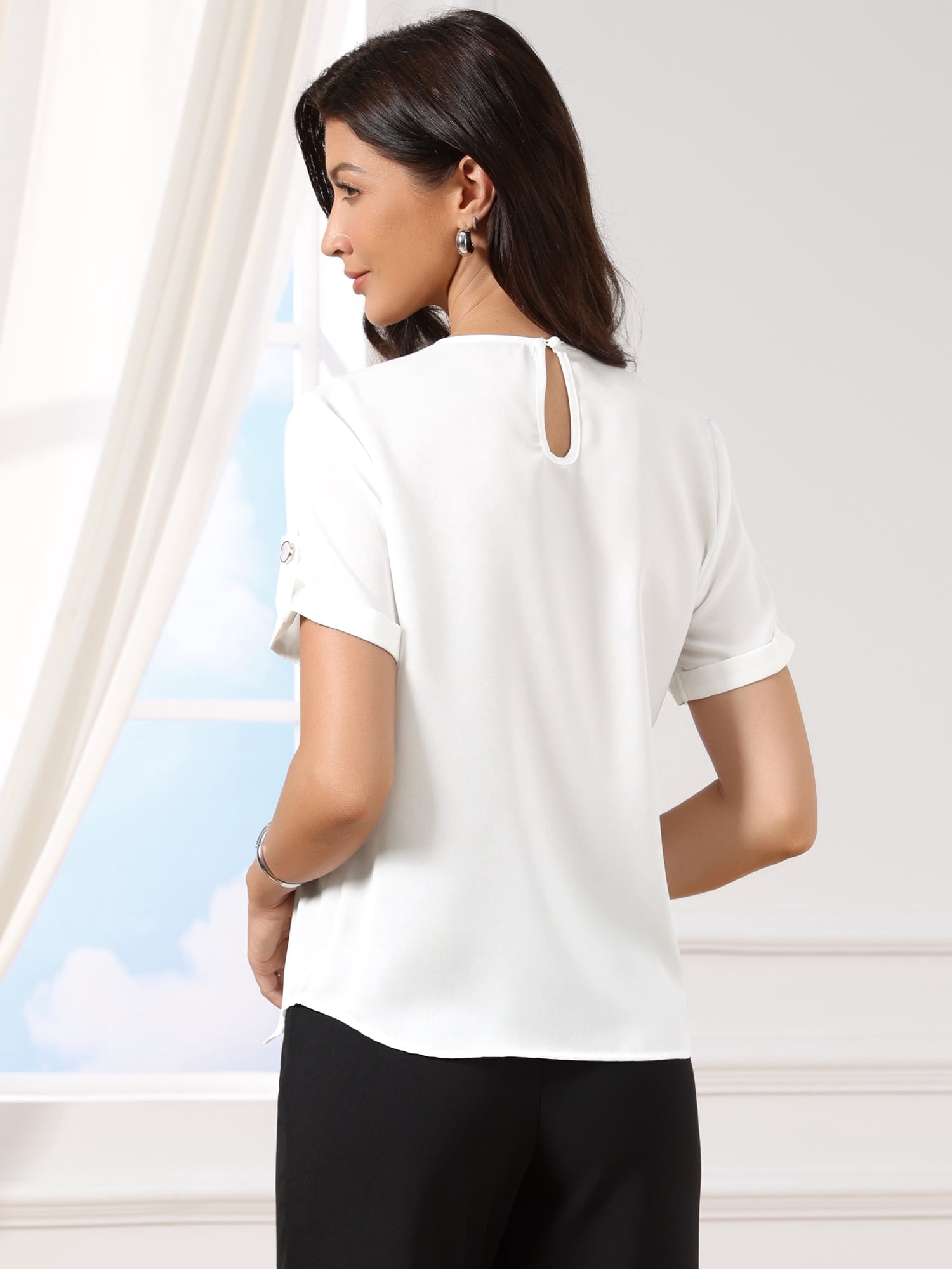 DARING DIVA Women's V Neck Short Sleeve Solid Color Business Blouse S White