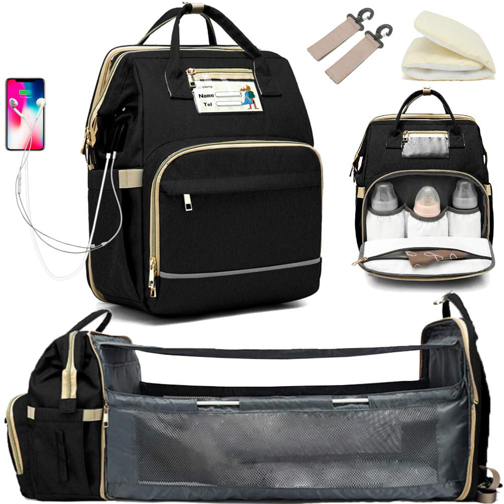 Baby Diaper Bag Backpack with Changing Station, Portable Travel Nappy Bag for Baby, Expandable Diaper Bag Backpack with USB Charging Port, Large Capacity for Newborn Essentials, Black