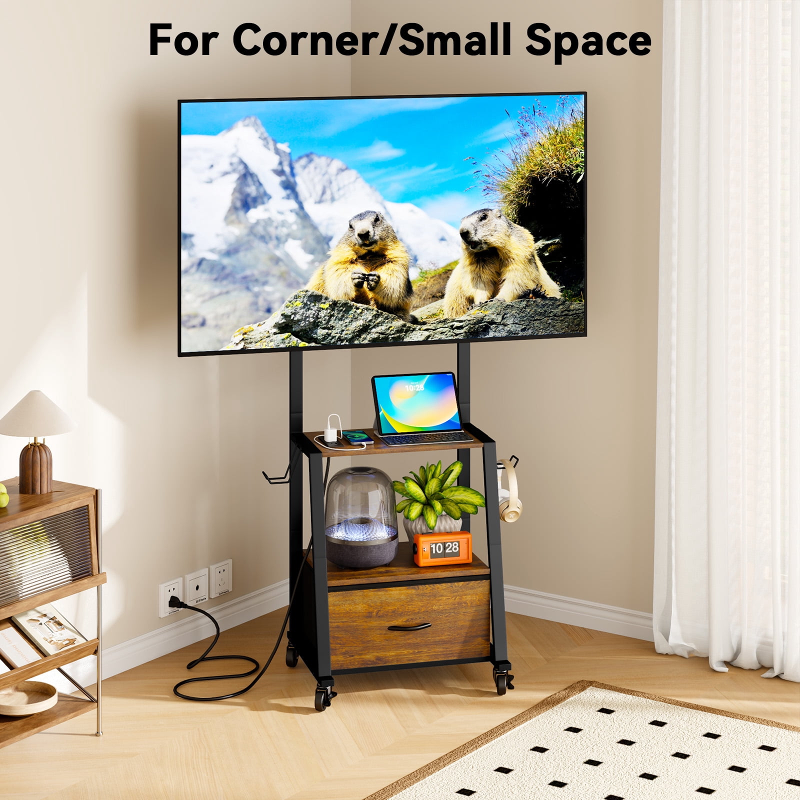 Rolling TV Stand Cart with Wheels for TVs up to 32-55 inch,Portable TV Stand,Mobile TV Cart for Bedroom