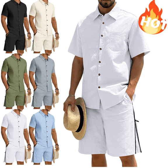 Mifsaly 2 Piece Short Sets for Men Summer Beach Vacation Matching Lounge Outfits Short Sleeve Button Down Shirt and Side Zipper Wide Leg Shorts with Pockets L
