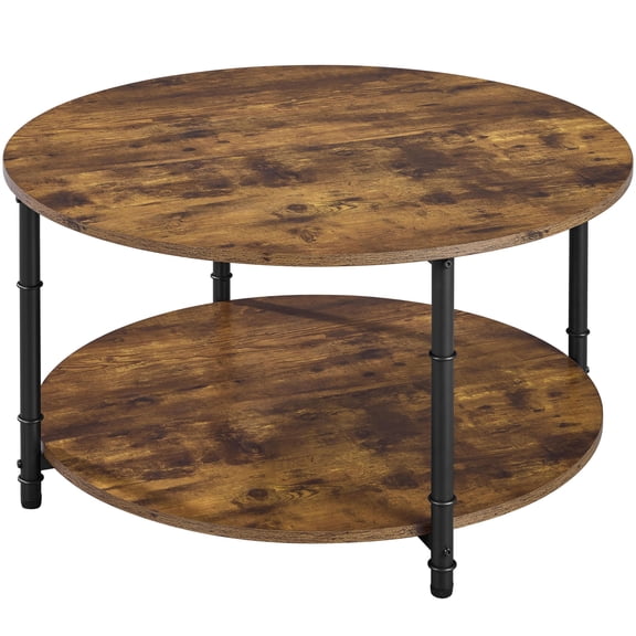 Round Coffee Table with Storage Shelf, 2 Tier Wood Coffee Table for Living Room, Modern Accent Center Tables for Small Space, Easy Assembly, Brown