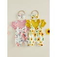 thumbnail image 3 of BemeyourBBs Toddler Baby Girl Summer Clothes Spring Fall Winter Romper Floral Print Patchwork Short Sleeve Fake Two-piece Jumpsuit with Headband Set 2 Piece Outfits, 3 of 9