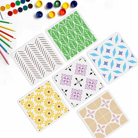 6pcs Geometric Tile Stencils Wall Stencil Flower Floor Stencils 11.8×11.8 Inch Reusable Plastic Template for Wood Canvas Fabric Furniture Home Decor colorful