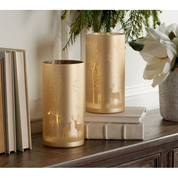 Set of 2 Illuminated 8" Glass Pillars with Scene by Valerie in Champagne