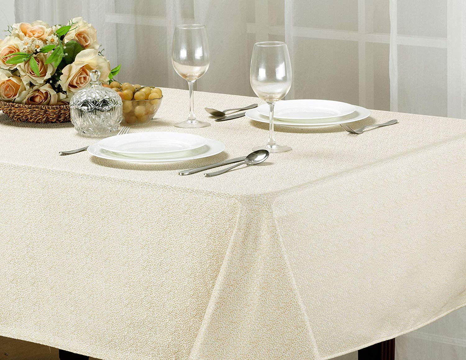 Kashi Home Stone Beige Tablecloth 70"RD, Decorative Fabric Tablecloth