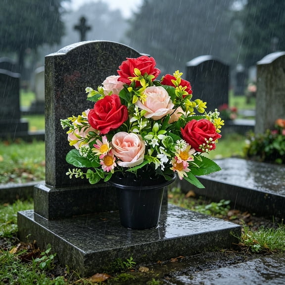 Cemetery Memorial Decoration Funeral Artificial Flowers Potted s for Graveside Tribute(Red)