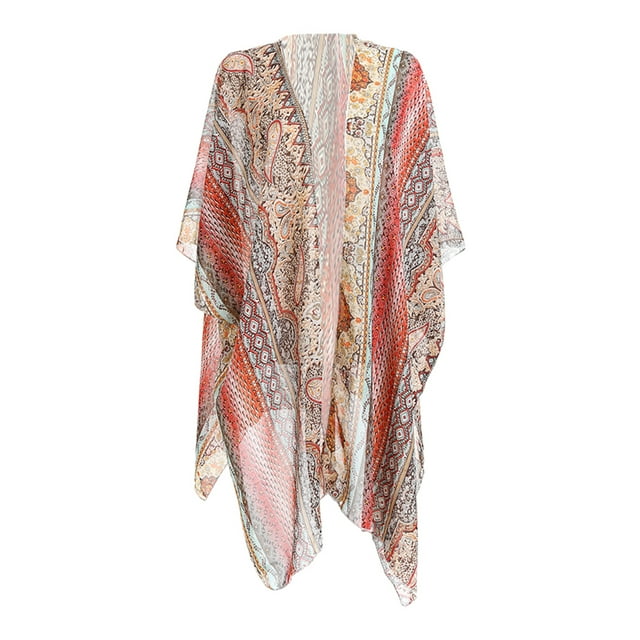 Women Kimono Open Front Floral Print Beach Cover Red