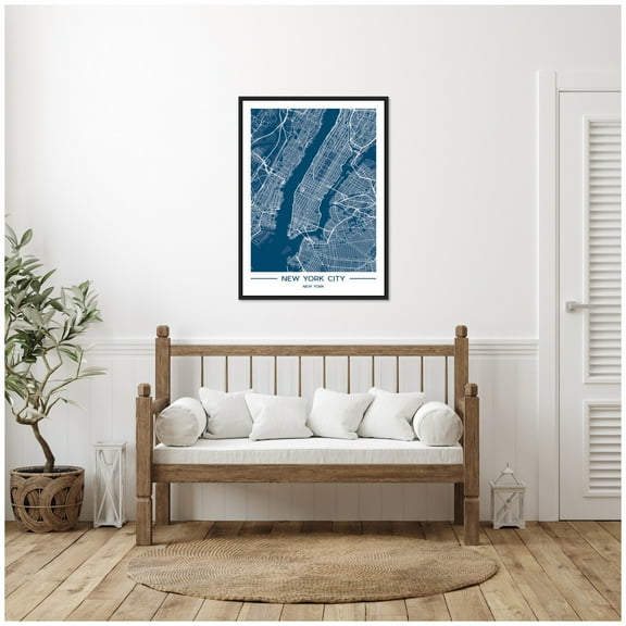 Kate and Laurel NYC Blue Color Map Framed Canvas Wall Art by Jacob Goossen 28 x 38 Sylvie Black, Modern Contemporary, Maps, Cityscapes, Abstract Art for Wall Decor, Living Room Bedroom