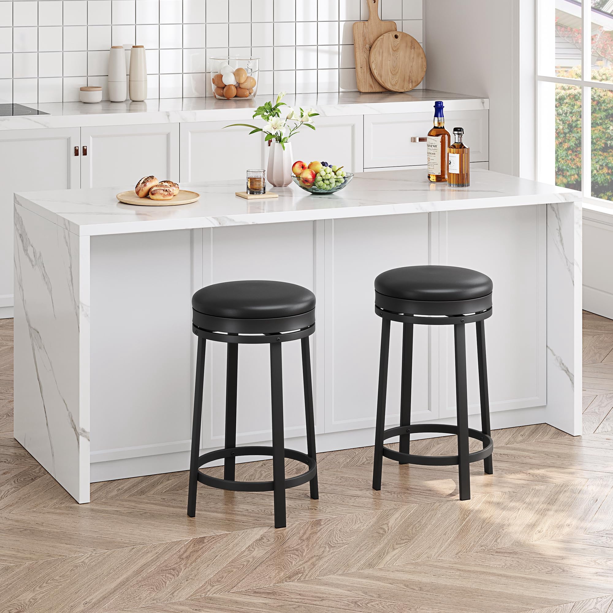 24"Swivel Bar Stools with Footrest, Modern Counter Height Barstools with Pu Leather Upholstered and Metal Frame, Backless Round Bar Stools for Kitchen Island, Black