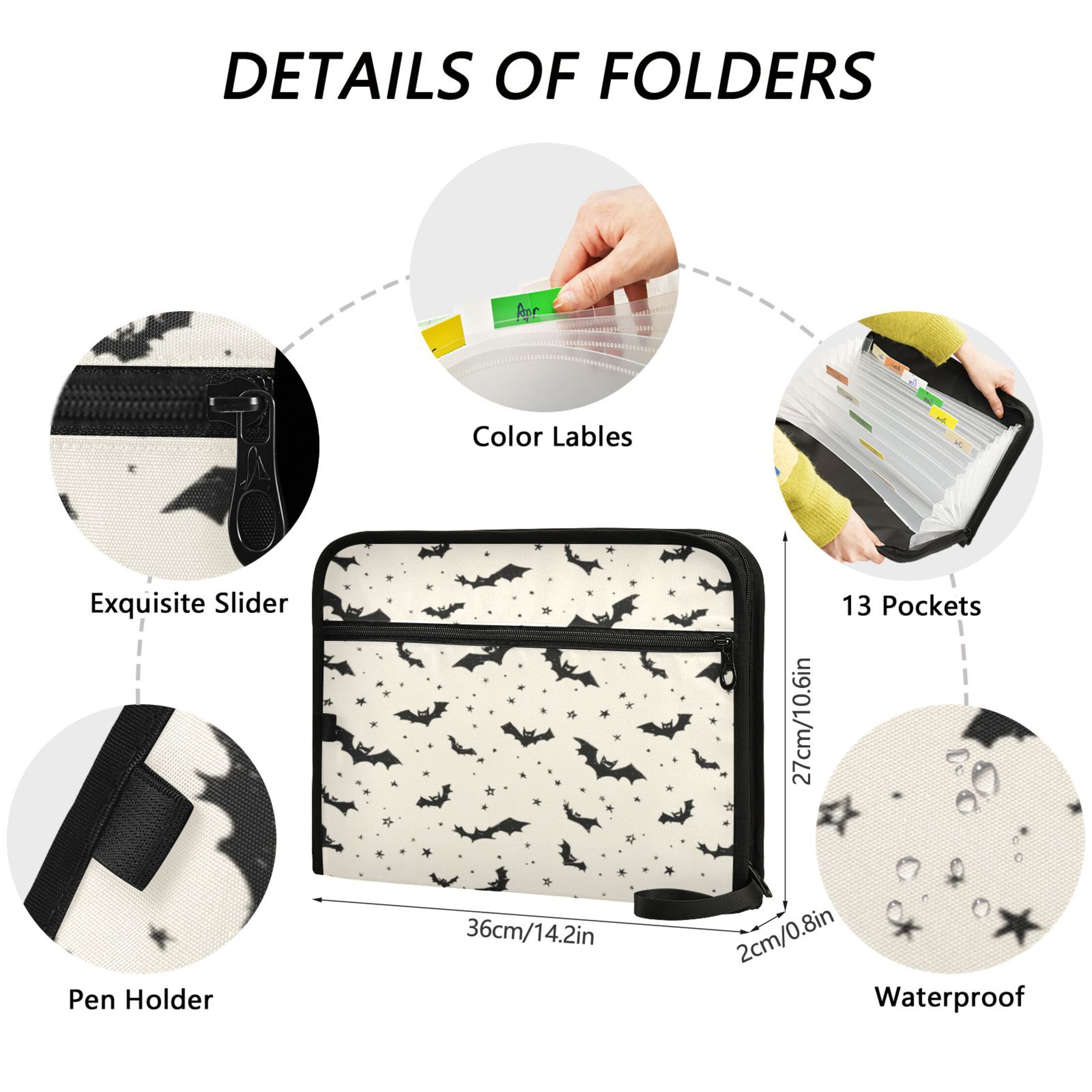 Accordion File Organizer with Zip Closure 13 Pockets Expanding File Folder Letter A4 Paper Document Organizer for Home Office Bats and Stars