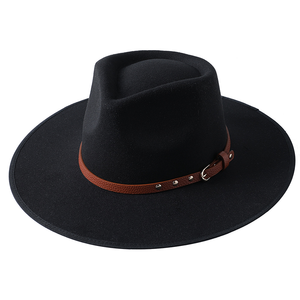 esafio Women Lady Elegant Wide Brim Hat Warm Wool Fedora Hat with Belt
