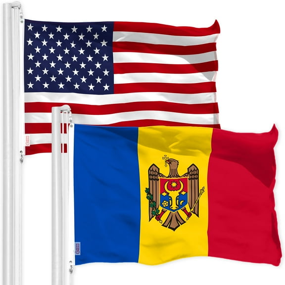 G128 Combo Pack: American USA Flag 3x5 Ft & Moldova Flag 3x5 Ft, Both Printed 150D Polyester, Indoor/Outdoor, Brass Grommets