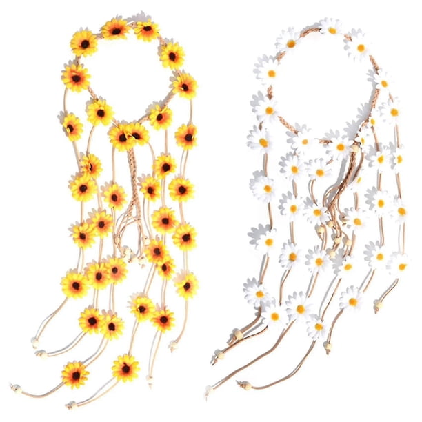 2pcs Flower Hippie Headband Floral Crown Summer Sunflower Hair Accessories For 70 S Bohemian Costum