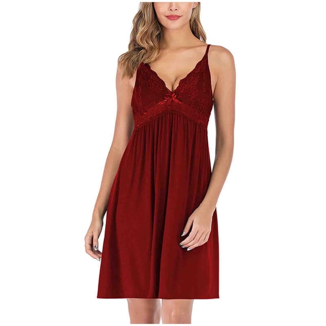 Timegard Robe de Nuit pour Femmes en Dentelle Col en V Nœud Papillon Ample Froncée Ajustée Pyjama