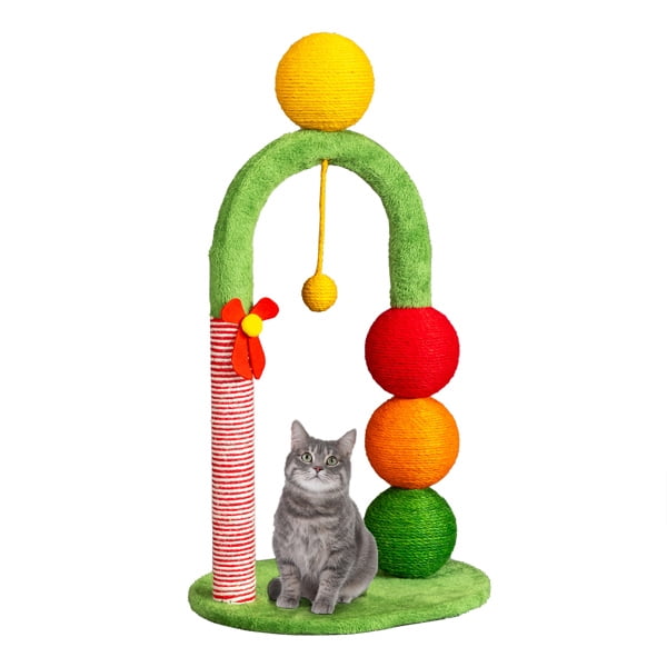 29in Christmas Cat Tree Tower with Sisal Balls - Holiday Cat Scratcher with Candy Cane Post & Dangling Toys for Indoor Cats