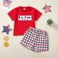 thumbnail image 2 of Summer Boys Girls 2 Piece Outfits Toddler Boy Clothing Sets USA Letter Embroidery T-Shirt and Plaid Shorts Outfit Boys 4th of July Outfit, 2 of 6
