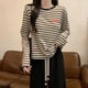 thumbnail image 1 of Camiseta de manga larga a rayas de algodón puro de principios de otoño, ropa para mujer, top informal ajustado con cuello redondo y bordado de letras, 1 of 4