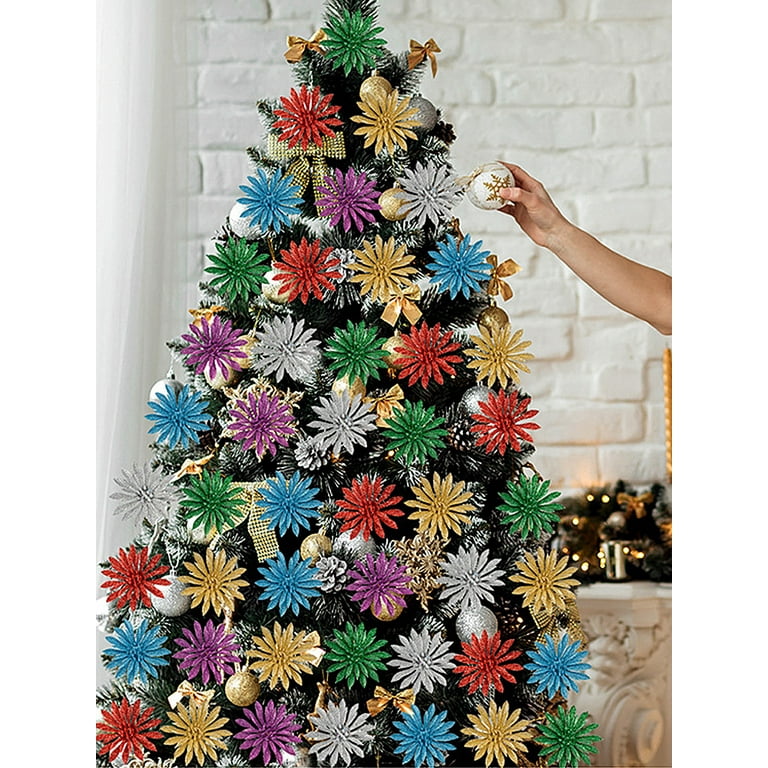 Dtydtpe Christmas Decorations, 10Pcs Christmas Flowers Trees Decor Glitter  Wed Birthday Party Decor for Christmas Christmas Tree Decorations 