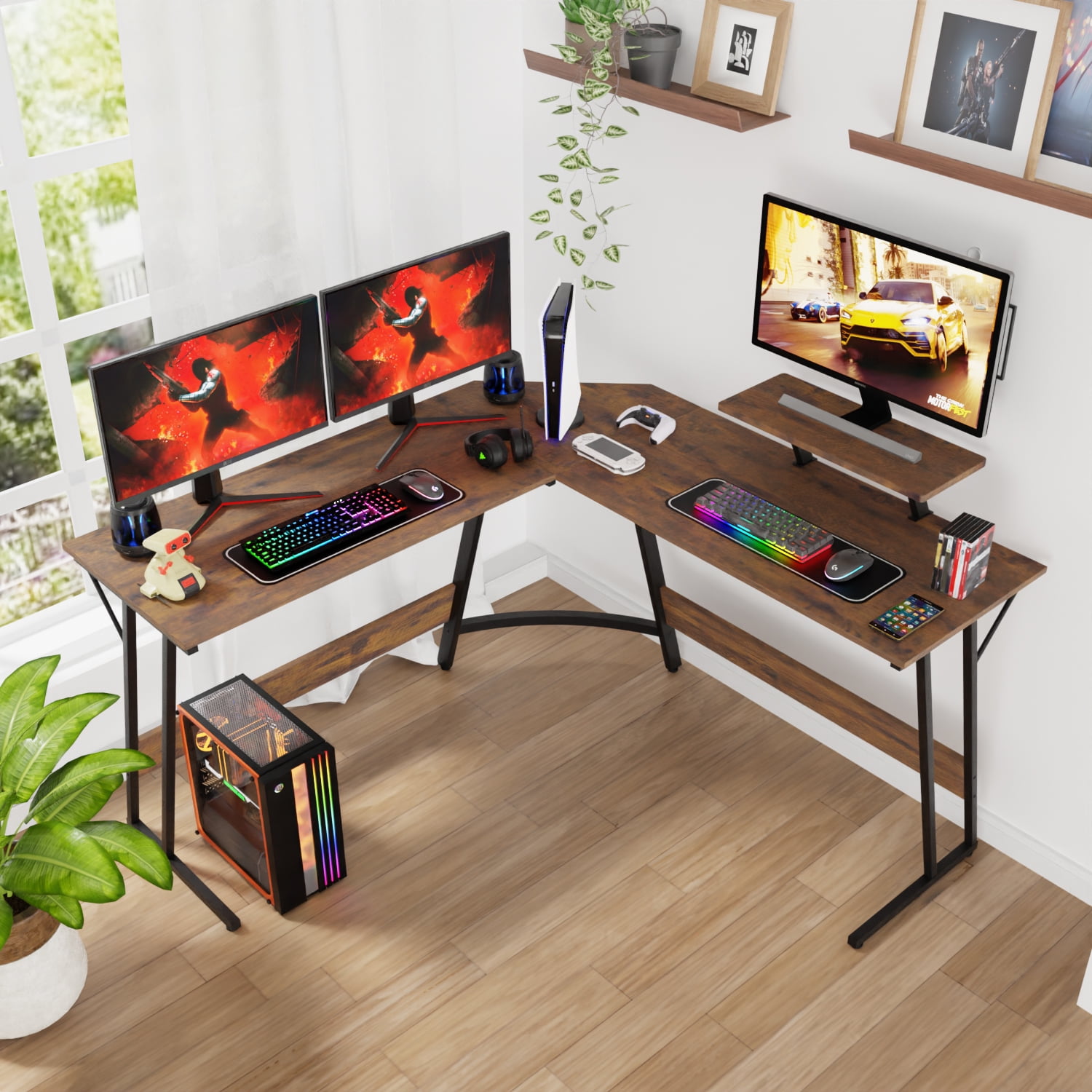 Dkelincs L Shaped Gaming Desk 50.4 inch Corner Computer Desk Table with Removable Shelf for Home Office, Brown