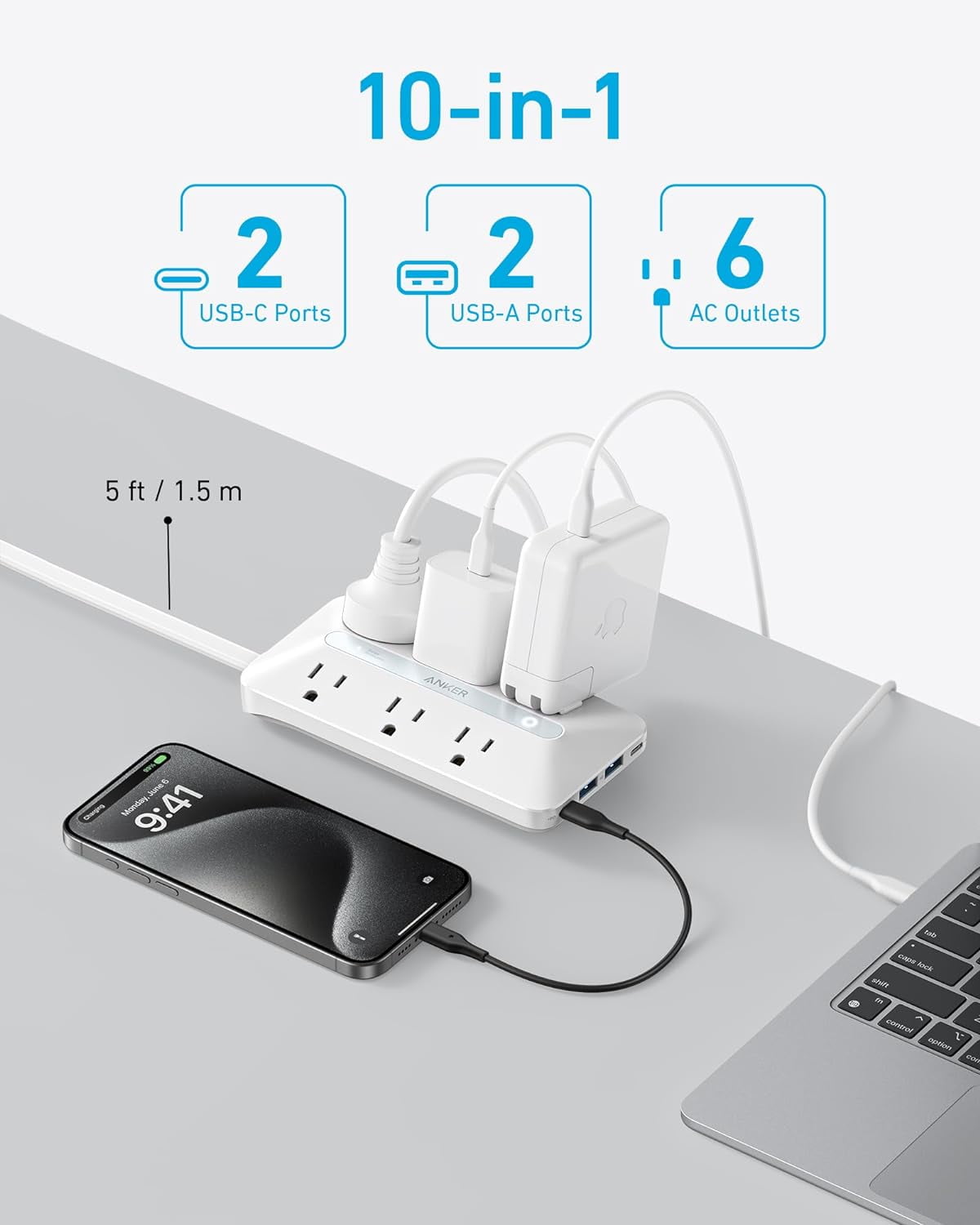 Flat Plug Power Strip(300J), Anker 20W USB C Power Strip, 10-in-1 Ultra Thin Power Strip with 6 AC, 2 USB A/2 USB C,5ft Extension Cord, Desk Charging Station,Home Office College Dorm Room Essentials