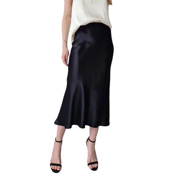 Niusricy Women's Solid Long Satin Skirts Ladies Elegant High Waist Skirts Trendy Midi Skirts Summer Basic Bodycon Skirts for Travel Beach Shopping Office