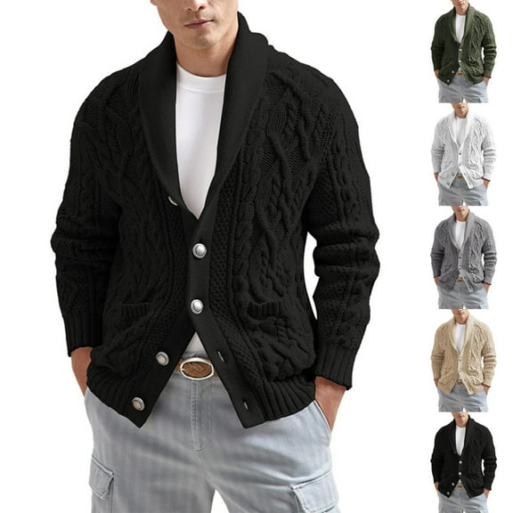 Zimjoy Men's Cardigan Sweaters Button Down Cable Knit Sweater Long Sleeve Shawl Collar Sweater Loose Fit Casual Mens Cardigan Fall Winter Coat with Pockets, Black L