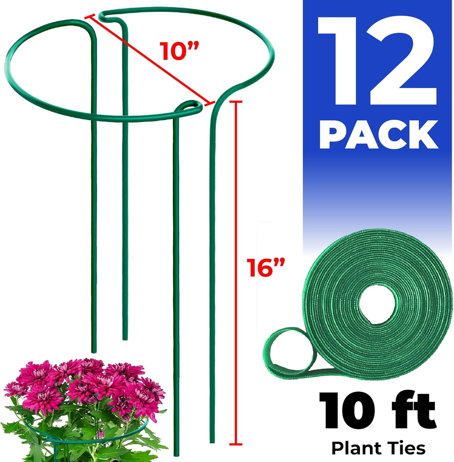 12 Pack Plant Support Stakes – Heavy-Duty Half Round Peony Support Ring and Cage for Indoor and Outdoor Plants – Peony, Tomato, Hydrangea, Rose 10" Wide x 16" High