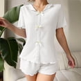 thumbnail image 4 of Naotn 2 Piece Sets for Women Summer Matching Short Set, Casual Lapel Short Sleeve Ribbed Bow Front Shirt Ruffle Shorts, 4 of 6