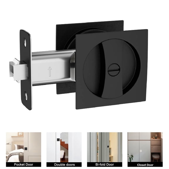 Pocket Door Lock,  Pocket Door Hardware Black, Pocket Door Latch, Matte Black Contemporary Pocket Door with Privacy Lock(1 Pack, Square)