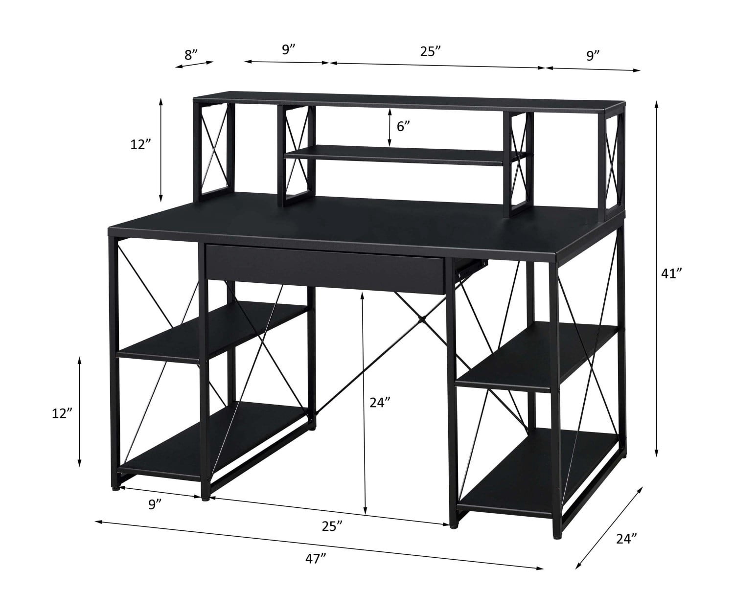 Modern Black Writing Desk with Storage Shelves, Computer Desk with Drawer & Metal Frame for Home Office Studio Gaming Setup