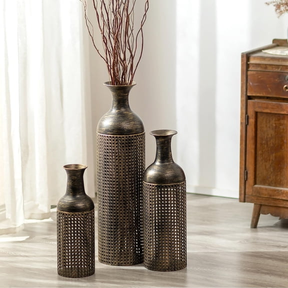 Sziqiqi Set of 3 Black Tall Floor Vases Set: Dot Hollowed-Out Large Metal Vases for Pampas Grass Modern Home Corner Bedroom Office Decor