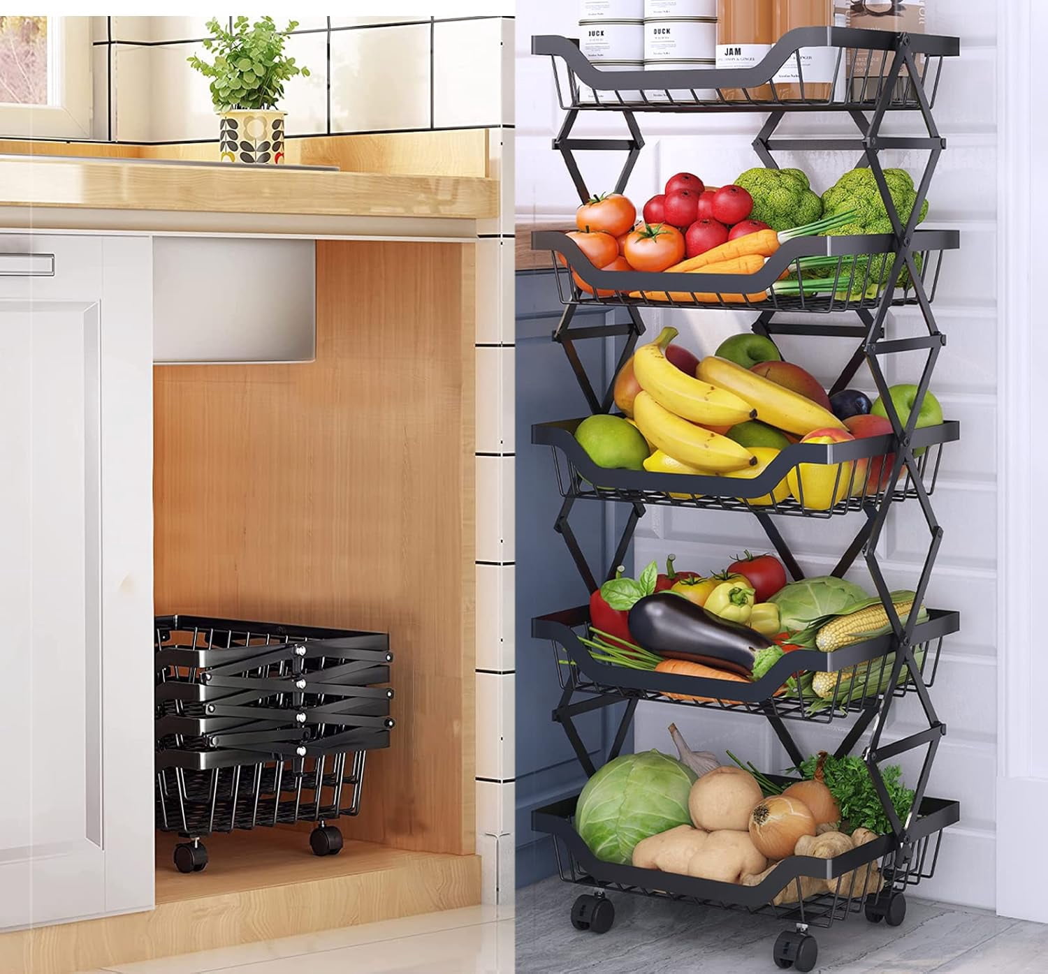 Alexent 5-Tier Foldable Rolling Storage Cart, No Assembly, Space-Saving Metal Organizer with Wheels for Kitchen Pantry Bathroom