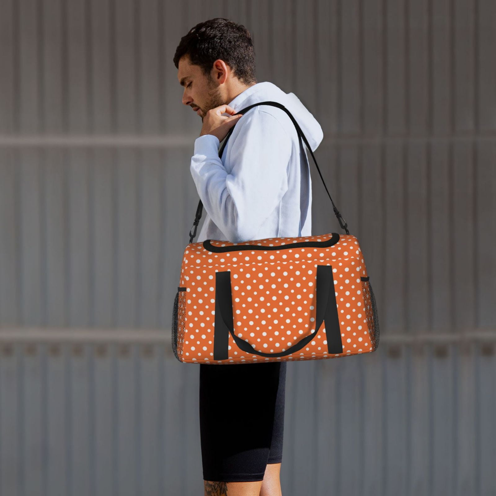 Fuzoiu Orange And White Polka Dot Print Travel Duffle Bag,Carry On Tote Bags,Duffel Bag,Sport Gym Bag, Hospital Bag for Labor and Delivery, Overnight Bag,Luggage Bag