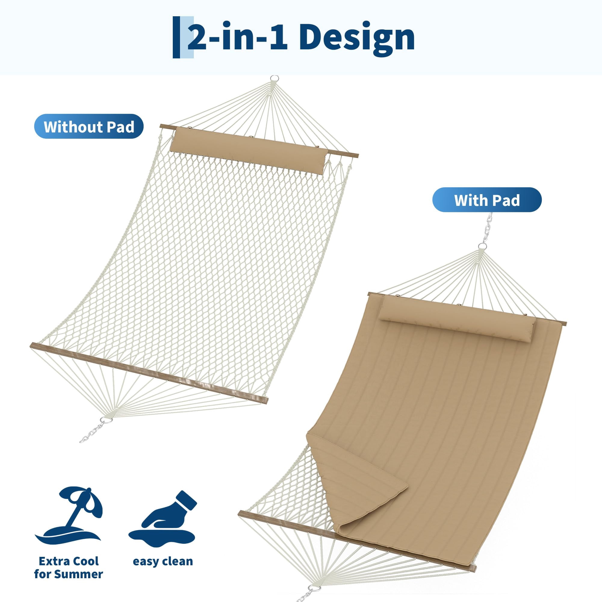 Ataucjin 2 Person 12FT Hammocks for Outside, Double Quilted Fabric Outdoor Hammock with Spreader Bar, Large Removable Pillow, Storage Pockets, Carabiners, Max 450 Lbs Capacity