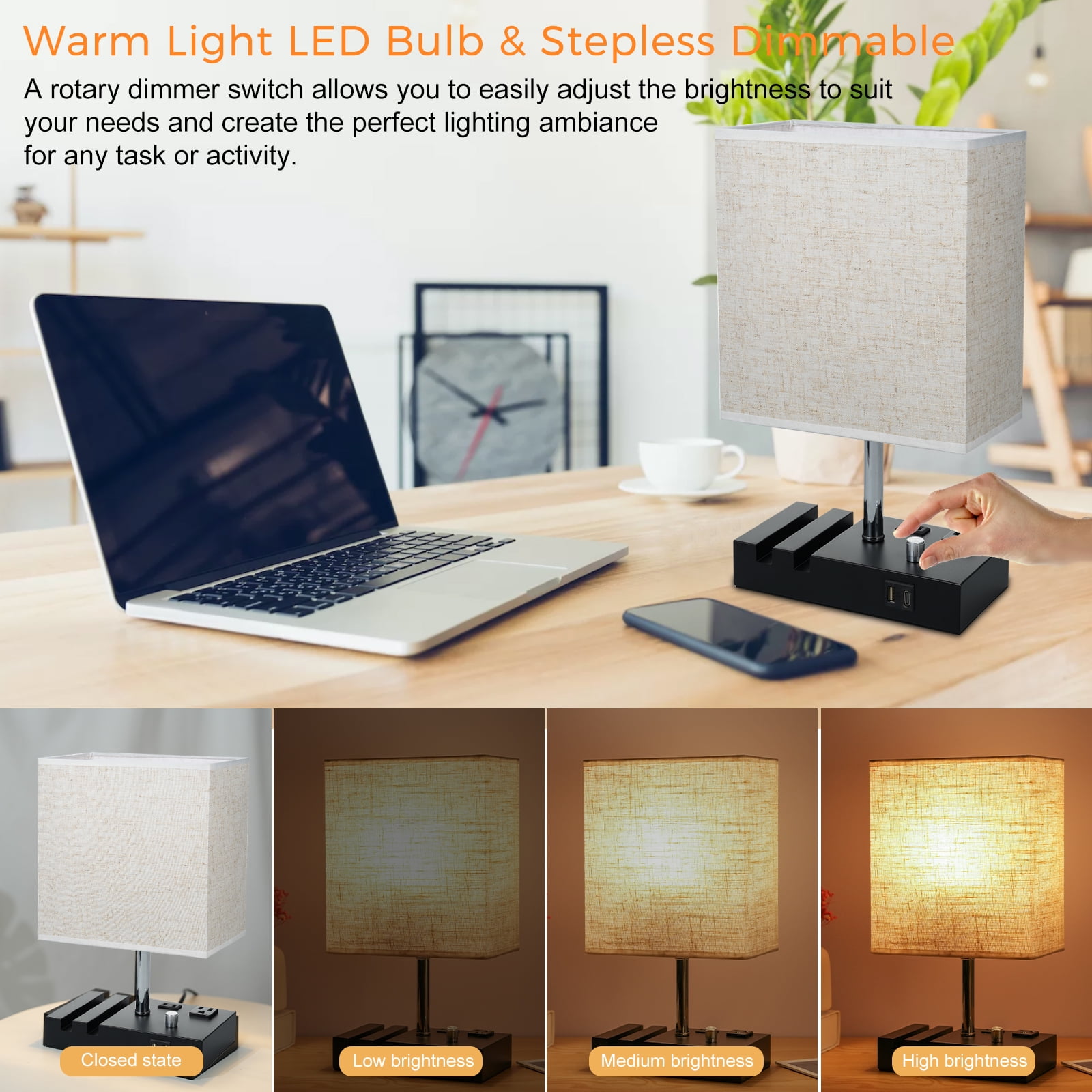 Neoglint Fabric Bedside Table Lamp Nightstand Lamp Touch Control Wireless Charger USB A Type-C Charging Ports with Phone Holder for Living Room
