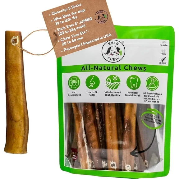 Jumbo Bully Sticks 5 Pack for Large Dogs 40  lbs - Pre-Drilled 6" SuperChew Refills Low-Odor Grass-Fed | 3-4x Longer Lasting | Labs, Rottweilers