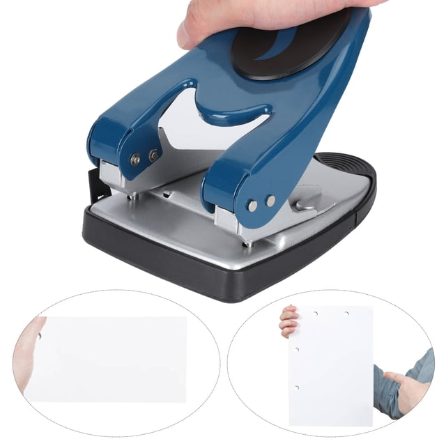 perforadora anggrek de 2 orificios manual para trabajos pesados 50 hojas — vista frontal en 3/4 de una perforadora metálica azul con base plateada y agarre negro, palanca accionada por mano; placas de corte dobles de 6 mm y regla de posicionamiento/alineador integrado para centrar hojas A4, capacidad hasta 50 hojas y profundidad de alimentación 10 mm; uso en oficina, papelería y manualidades, también adecuada para organizar cuadernillos.
