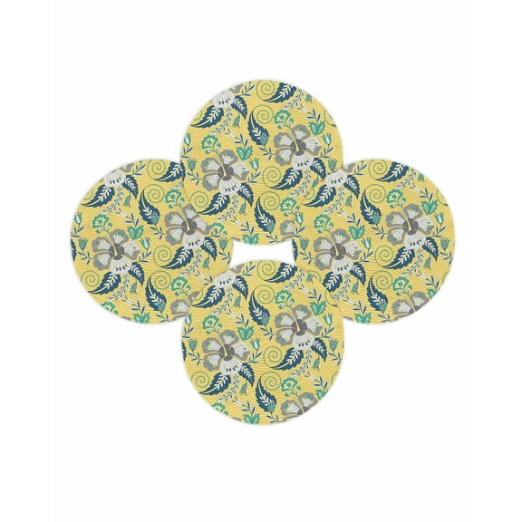 Round Placemats Set of 4 Yellow Boho Floral Place Mats Washable Woven Placemat Vintage Abstract Flower Circle Braided Table Mat for Kitchen Dining Table Party Home Decor 15 Inch
