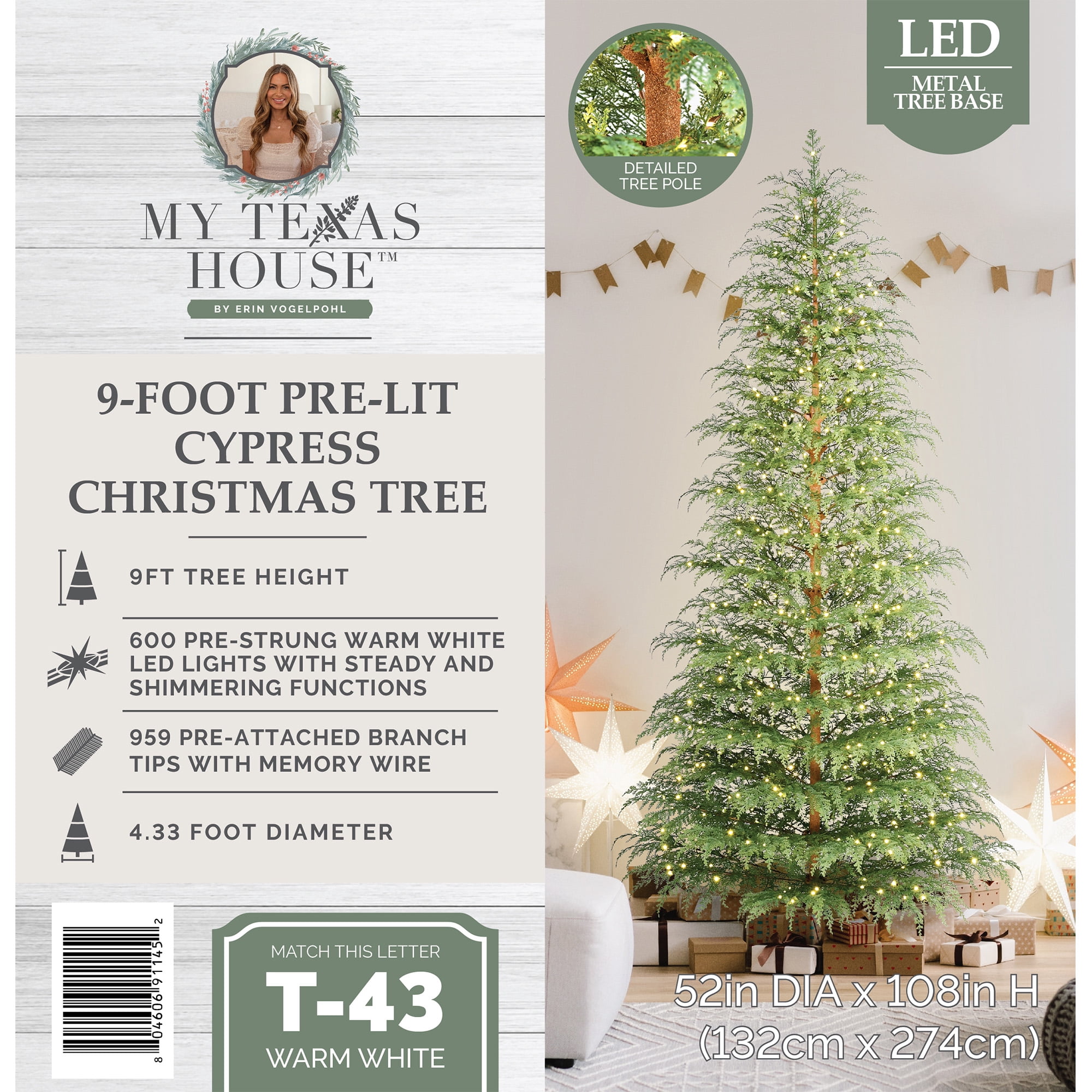 My Texas House 9ft Prelit Green Cypress Artificial Christmas Tree, 600 Warm White Twinkle LED