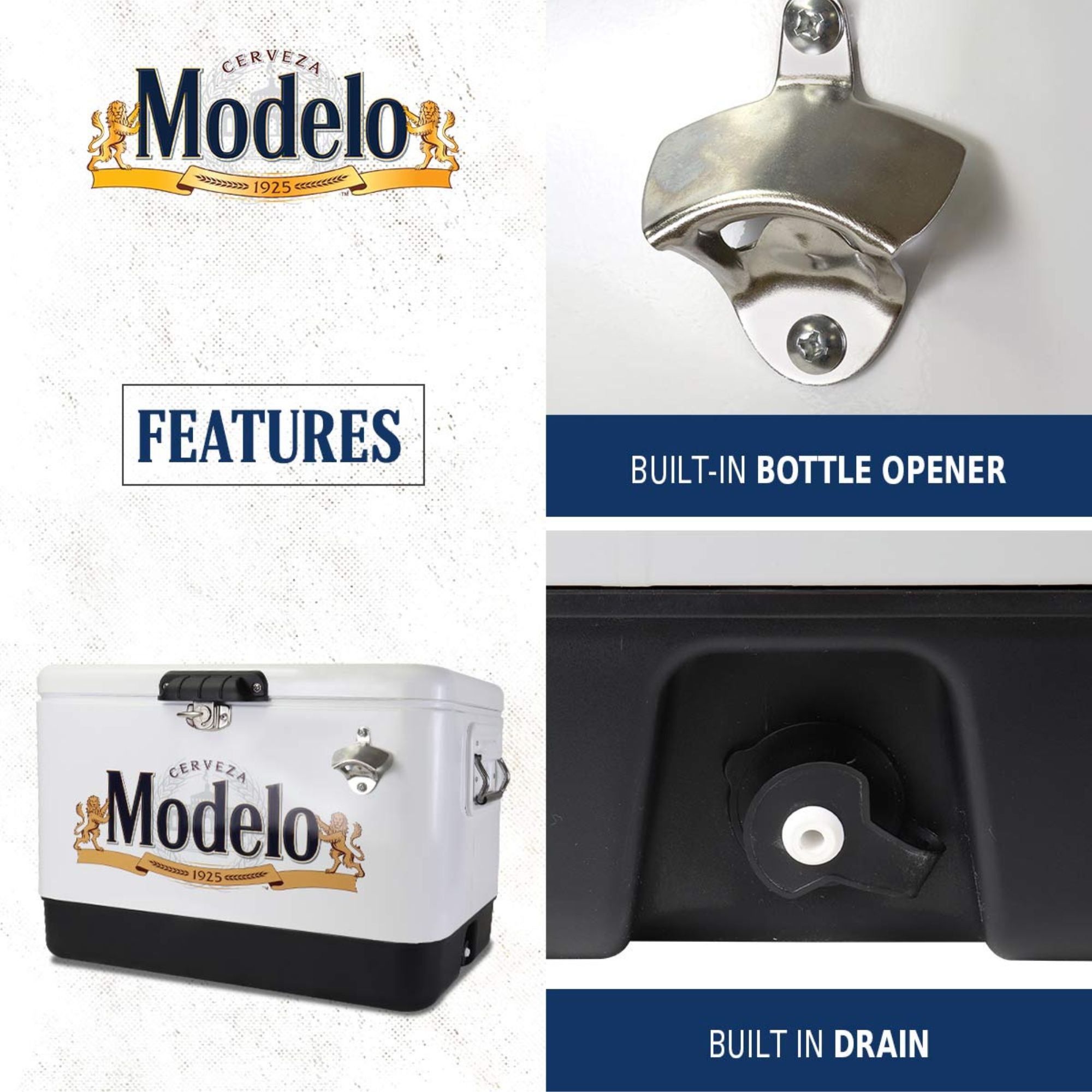 Modelo Ice Chest Beverage Cooler with Bottle Opener, 51L (54 qt), 85 Can Steel-Belted Portable Cooler, White and Black, for Camping, Beach, RV, BBQs, Tailgating, Fishing