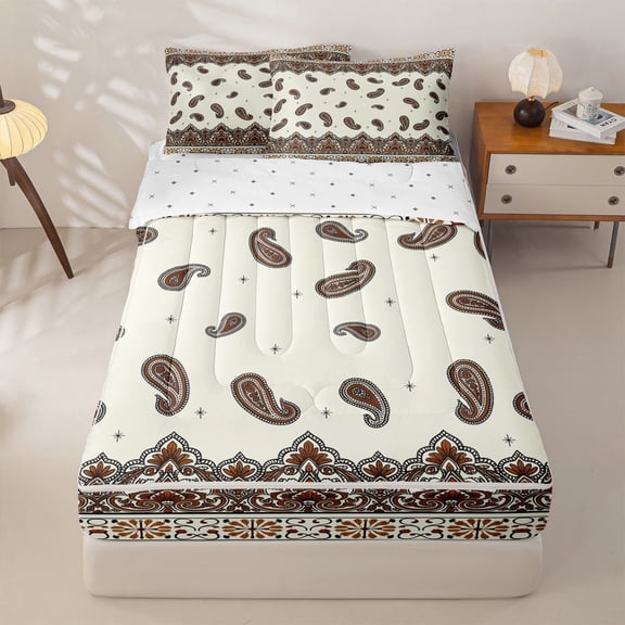 Homewish Vintage Boho Paisley Zipper Twin Comforter Sets with Fitted Sheet and 2 Pillowcases,Bohemian Damask Floral Zipper Bedding Set,Cream,Reversible,4pcs