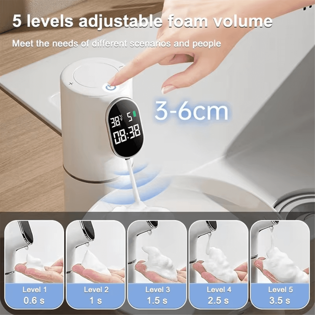 Smart Soap Foam Dispenser 5 Gear Touchless 320ml Temperature Time Display Automatic Infrared Sensor Soap Dispensers,B,1 * Auto Infrared Sensor Soap Dispensers 1 * Data cable,White