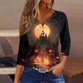 thumbnail image 4 of Shirts for Women Halloween Funny 3/4 Sleeve Tops Horror Pumpkin Castle Printed Pullover Spooky Button V Neck T Shirts Holiday Three Quarter Length Blouses, L, 4 of 6